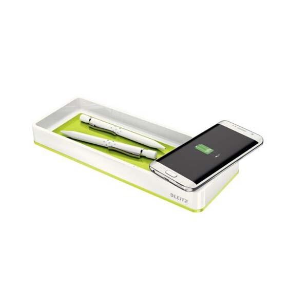 Suport accesorii birou LEITZ WOW, cu incarcator prin inductie, plastic, alb-verde