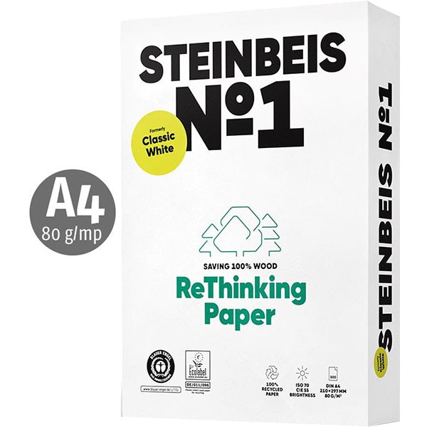 Hartie copiator reciclata STEINBEIS NO 1 Classic White, A4, 500 coli