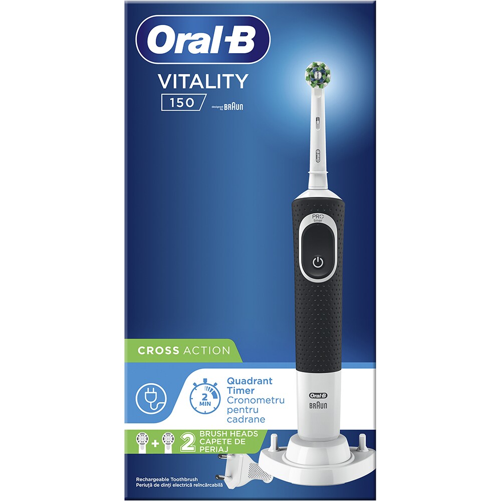 Periuta de dinti electrica ORAL-B D100 Cross Action, 7600 oscilatii/min, Curatare 2D, 1 program, 2 capate, negru