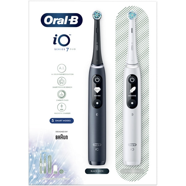 Set 2 Periute de dinti electrice ORAL-B iO7, Tehnologie Magnetica si Micro-Vibratii, 8800 pulsatii/min, 5 moduri, 2 capete, trusa de calatorie, alb/negru