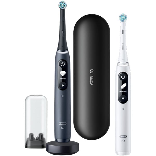 Set 2 Periute de dinti electrice ORAL-B iO7, Tehnologie Magnetica si Micro-Vibratii, 8800 pulsatii/min, 5 moduri, 2 capete, trusa de calatorie, alb/negru