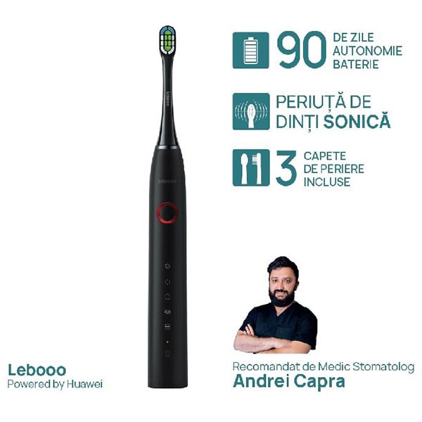 Periuta de dinti electrica HUAWEI Lebooo Smart Sonic, 38000 de miscari/mi, 4 programe, 3 capete, negru