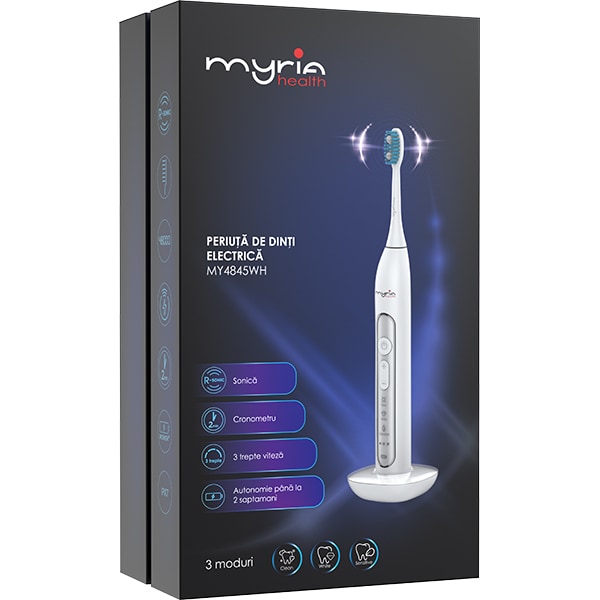 Periuta de dinti electrica MYRIA MY4845WH, 40000 miscari/minut, 3 programe, 2 capete, alb