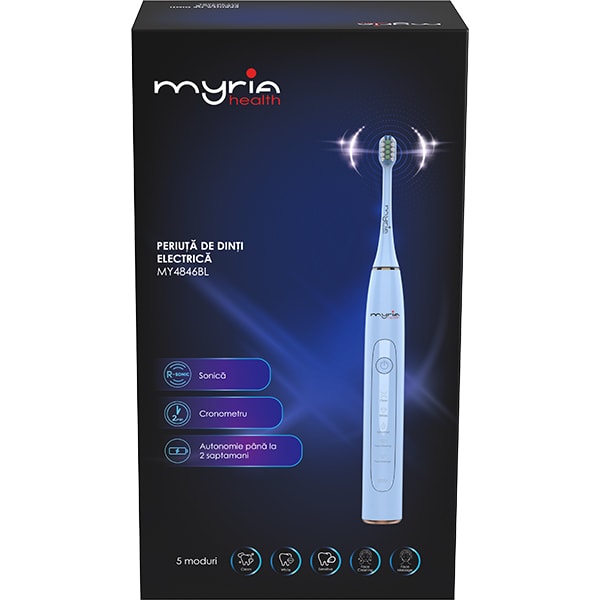 Periuta de dinti electrica MYRIA MY4846BL, 40000 miscari/minut, 5 programe, 3 capete, albastru