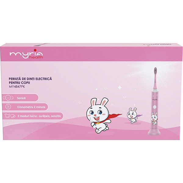 Periuta de dinti electrica copii MYRIA MY4847PK, 31000 miscari/minut, 2 programe, 2 capete, roz