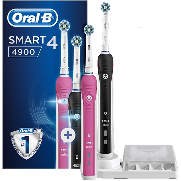 Set 2 Periute de dinti electrica ORAL-B Smart 4 4900, 40000 pulsatii/min, Curatare 3D, 3 programe, 2 capate, roz/negru