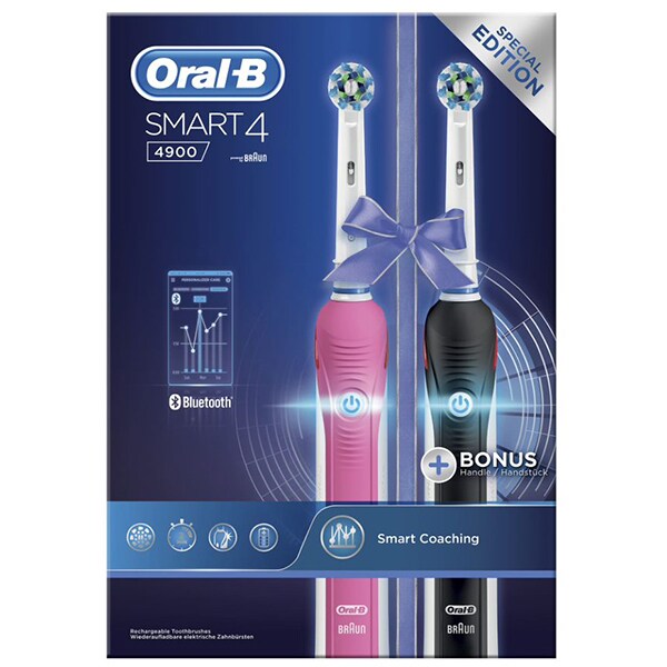 Set 2 Periute de dinti electrica ORAL-B Smart 4 4900, 40000 pulsatii/min, Curatare 3D, 3 programe, 2 capate, roz/negru