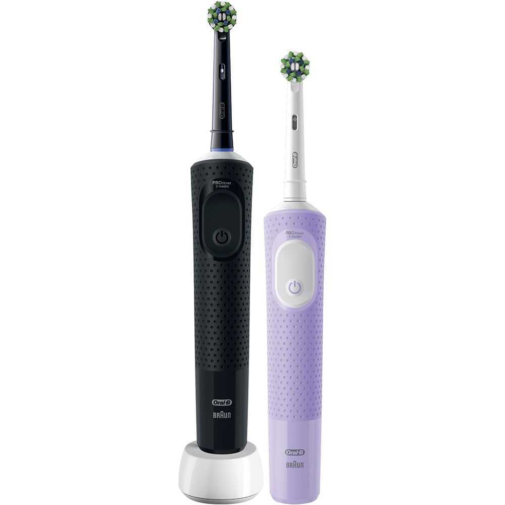 Set 2 periute de dinti electrice ORAL-B Vitality Pro, 7600 oscilatii/min, Curatare 2D, 3 programe, 2 capate, negru-violet