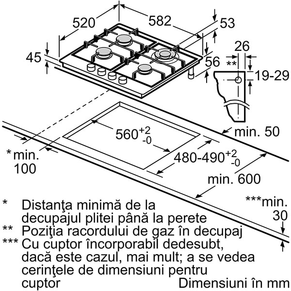 Plita incorporabila BOSCH PCH6A5B90, Gaz, 4 arzatoare, Wok, inox