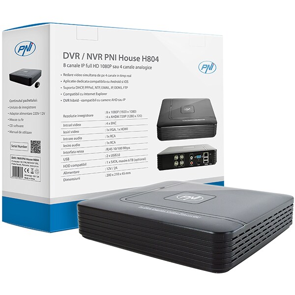 DVR / NVR PNI House H804, 8 canale IP sau 4 canale analogice, negru