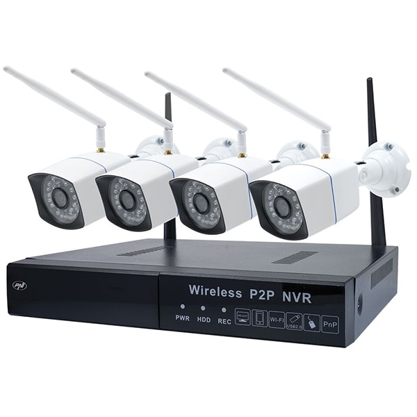 Kit supraveghere wireless PNI WiFi550, 4 camere HD 720p, NVR, 8 canale, alb-negru