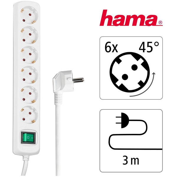 Prelungitor HAMA 121915, 6 prize Schuko, 3m, alb