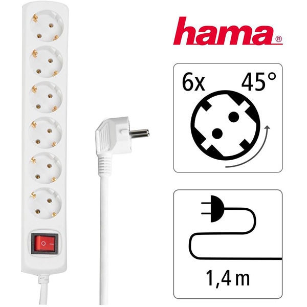 Prelungitor HAMA 30384, 6 prize, 1.4m, intrerupator, alb