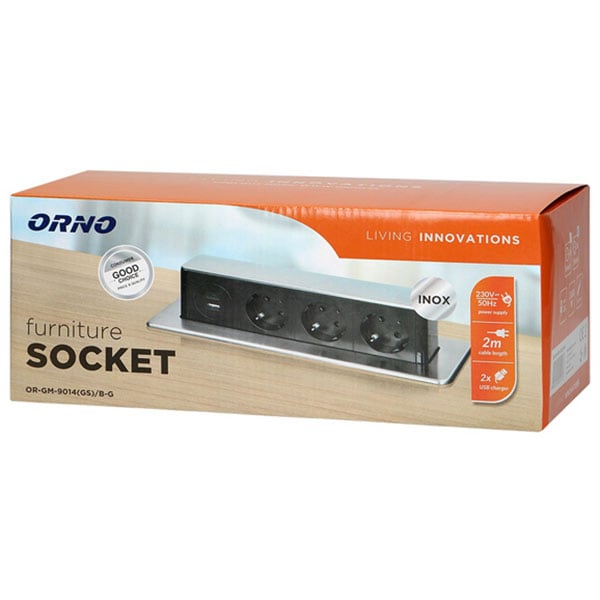 Prelungitor ORNO OR-GM-9014(GS)/B-G, 3 prize, 2 x USB, 2m, negru