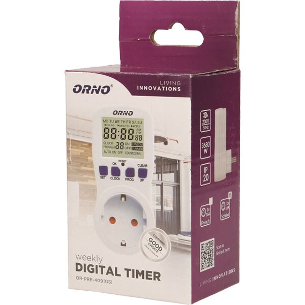 Priza programabila ORNO OR-PRE-409(GS), 3680W, 16A, alb