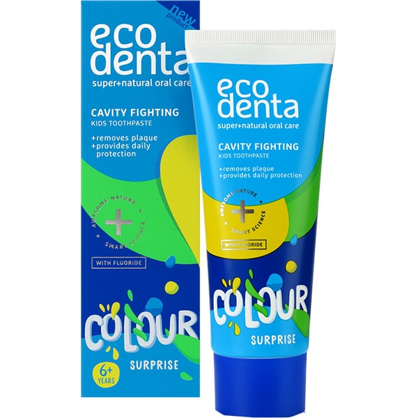 Pasta de dinti impotriva cariilor cu aroma de banane ECODENTA Color surprize, 6 ani +, 75ml