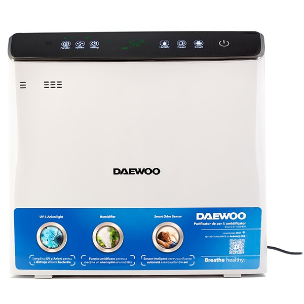 Purificator si umidificator aer DAEWOO DAP400, 75W, Hepa 13, Wi-Fi, alb-negru 