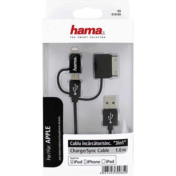 Cablu date HAMA R9014149, USB-A - Lightning/MicroUSB/30-pin, 1m, negru
