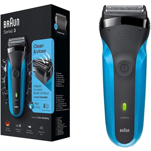 Aparat de ras BRAUN Series 3 310WD, acumulator, autonomie 50 min, Sistem de taiere cu actiune tripla, negru-albastru