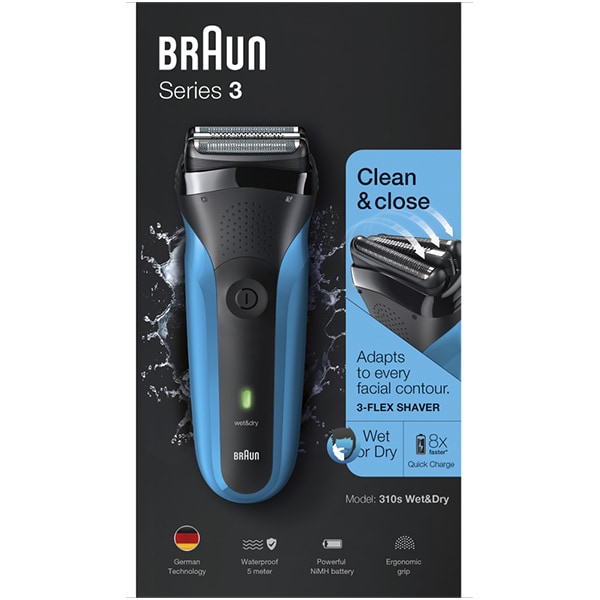 Aparat de ras BRAUN Series 3 310WD, acumulator, autonomie 50 min, Sistem de taiere cu actiune tripla, negru-albastru