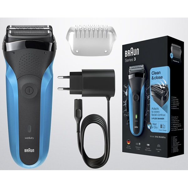Aparat de ras BRAUN Series 3 310WD, acumulator, autonomie 50 min, Sistem de taiere cu actiune tripla, negru-albastru
