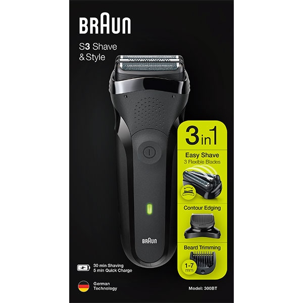 Aparat de ras BRAUN Series 3 300BT Shave&Style, acumulator, autonomie 30 min, Wet&Dry, negru