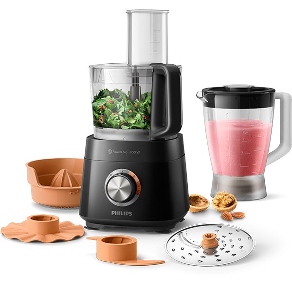 Robot de bucatarie PHILIPS Viva Collection HR7510/10, vas 2.1l, blender 1.5l, 800W, 2 trepte viteza, negru-maro