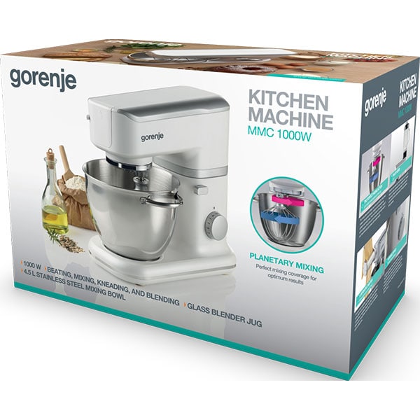 Robot de bucatarie GORENJE MMC1000W, vas 4.5l, blender 1.4l, 1000W, 6 trepte viteza, alb-argintiu