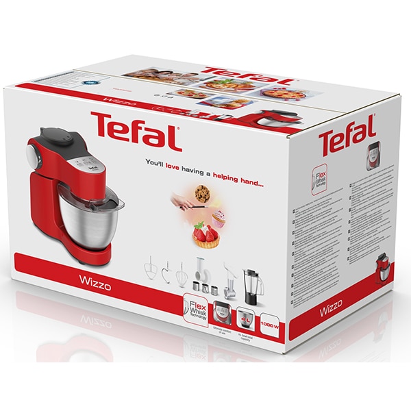 Robot de bucatarie TEFAL Wizzo QB317538, vas 4l, blender 1l, 1000W, 7 trepte viteza, rosu-argintiu