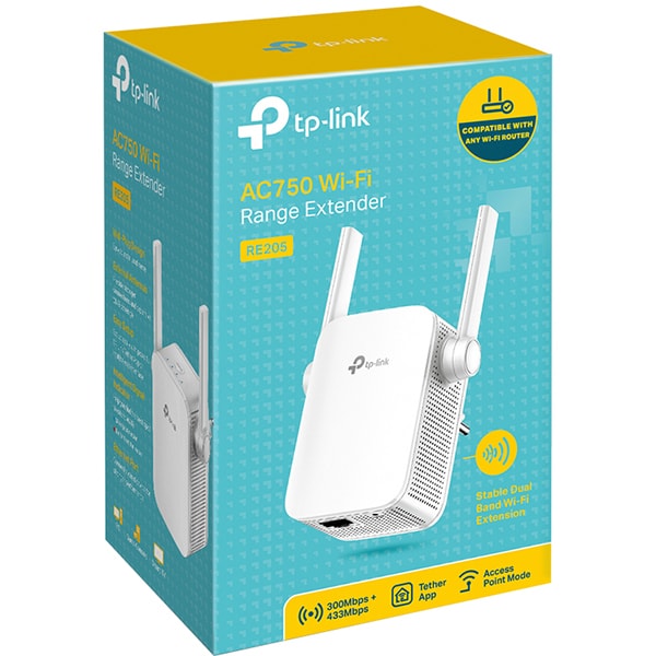 Wireless Range Extender TP-LINK RE205 AC750, Dual Band 300 + 433 Mbps, alb