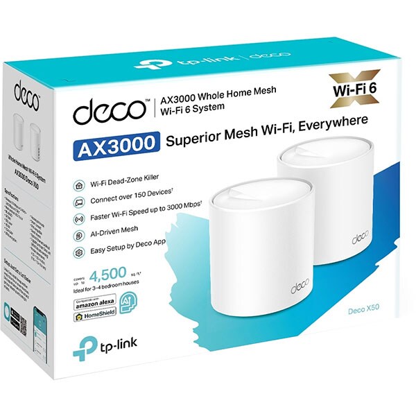 Sistem Wireless Mesh Gigabit TP-LINK Deco X50 AX3000, WI-Fi 6, Dual Band 574 + 2402 Mbps, 2 Buc, alb