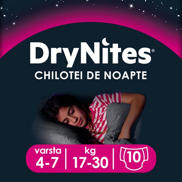 Scutece chilotel HUGGIES DryNites, Fata, 4-7 ani, 17-30 kg, 10 buc