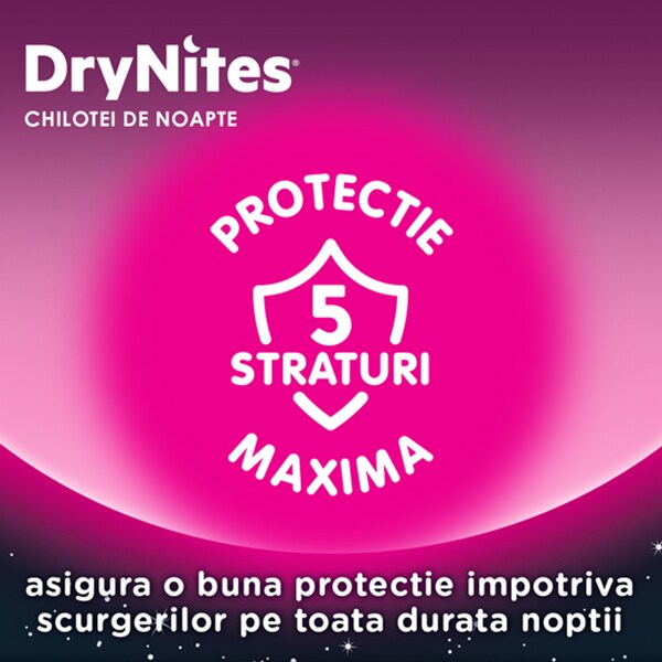 Scutece chilotel HUGGIES DryNites, Fata, 4-7 ani, 17-30 kg, 10 buc