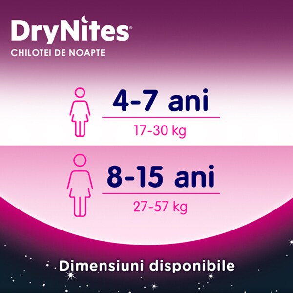 Scutece chilotel HUGGIES DryNites, Fata, 4-7 ani, 17-30 kg, 10 buc