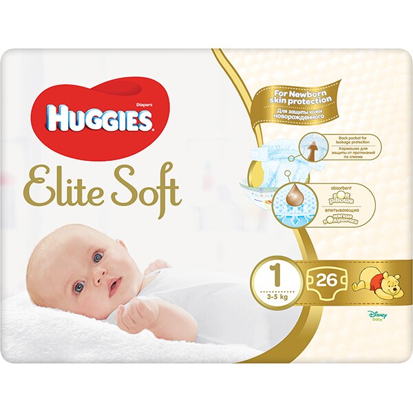 Scutece HUGGIES Elite Soft nr 1, Unisex, 3-5 kg, 26 buc