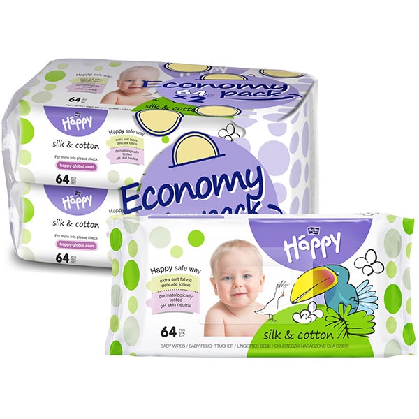 Servetele umede HAPPY Silk&Cotton, 2 pachete, 128 buc