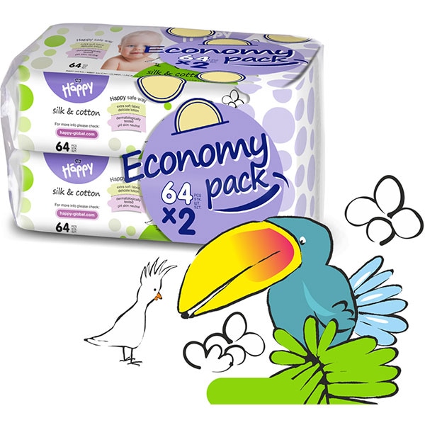 Servetele umede HAPPY Silk&Cotton, 2 pachete, 128 buc