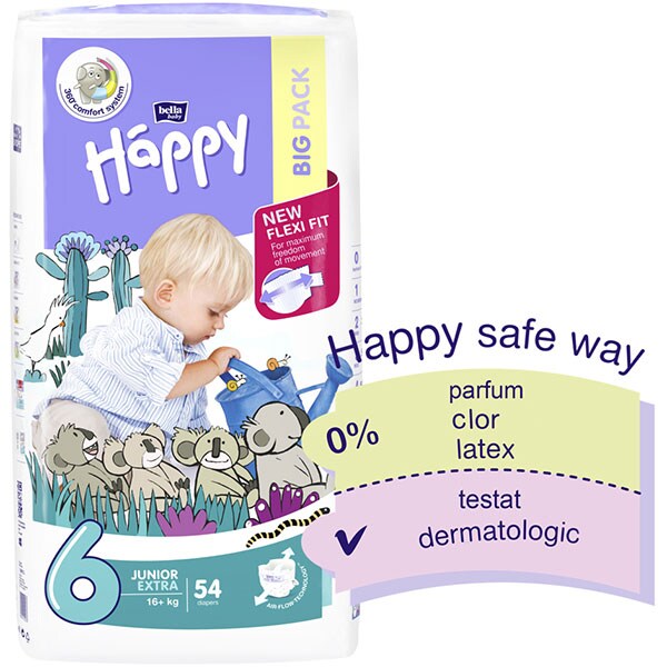 Scutece HAPPY Junior Extra nr 6, Unisex, 16+ kg, 54 buc