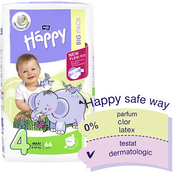 Scutece HAPPY Maxi nr 4, Unisex, 8-18 kg, 66 buc