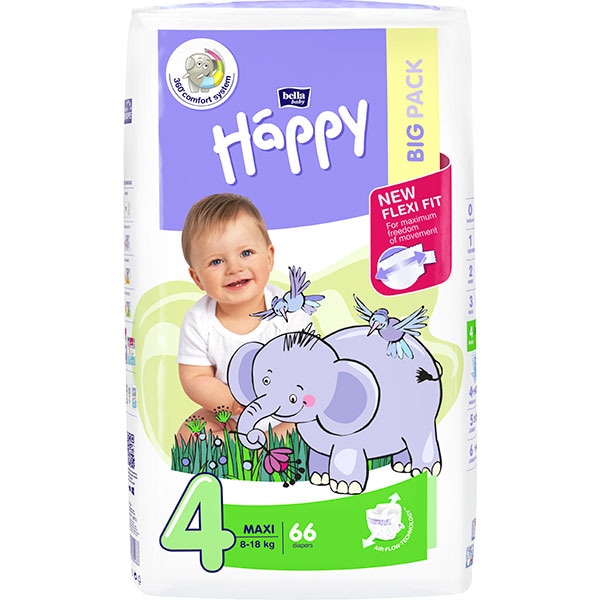 Scutece HAPPY Maxi nr 4, Unisex, 8-18 kg, 66 buc
