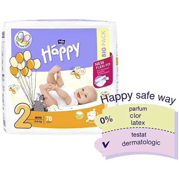 Scutece HAPPY Mini nr 2, Unisex, 3-6 kg, 78 buc