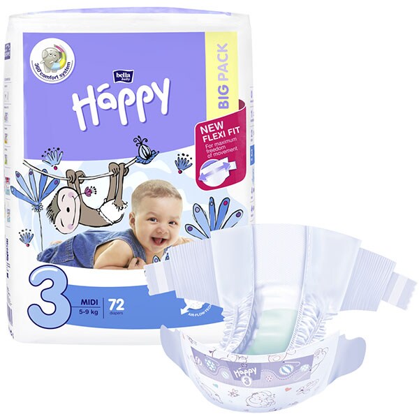 Scutece HAPPY Midi nr 3, Unisex, 5-9 kg, 72 buc