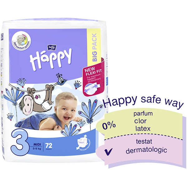 Scutece HAPPY Midi nr 3, Unisex, 5-9 kg, 72 buc
