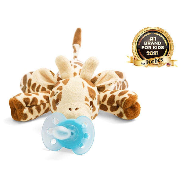 Suzeta ortodontica cu jucarie de plus Girafa PHILIPS AVENT Ultra Soft SCF348/11, 0-6 luni, bleu-maro