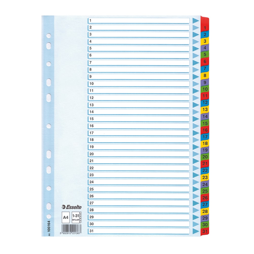 Separator ESSELTE 1-31, 225 x 297 mm, index laminat, 11 perforatii; format A4, alb