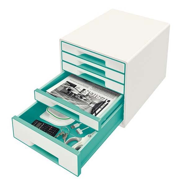 Suport documente LEITZ WOW, 5 sertare, plastic, alb-turcoaz