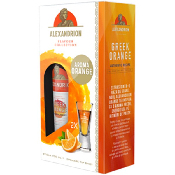 Set Brandy Alexandrion Greek Orange, 0.7L + 2 pahare shot