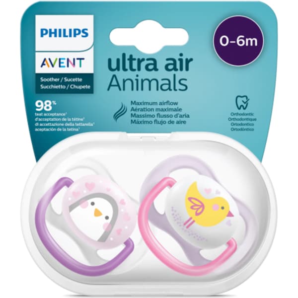 Suzeta PHILIPS AVENT Ultra Air SCF080/06, 0 luni+, 2 buc, roz-mov
