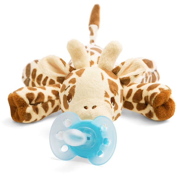 Suzeta ortodontica cu jucarie de plus Girafa PHILIPS AVENT Ultra Soft SCF348/11, 0-6 luni, bleu-maro