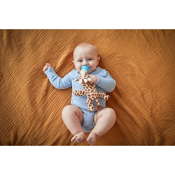 Suzeta ortodontica cu jucarie de plus Girafa PHILIPS AVENT Ultra Soft SCF348/11, 0-6 luni, bleu-maro
